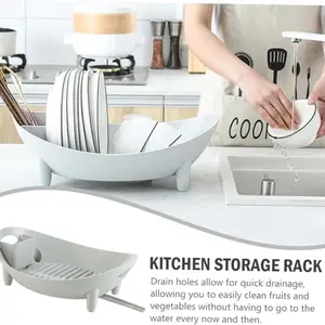 Elongated Dish Drying Rack with Utensil Holder, Bowl Storage Container, Vegetable Basket, Kitchen Counter Organizer, Plate and Bowl Rack