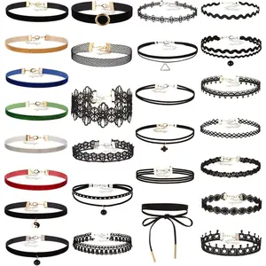 27 PCS Choker Necklace Set - Classic Stretch Colorful Gothic Collar Tattoo And Black Layered Cute Lace Velvet Choker Necklace