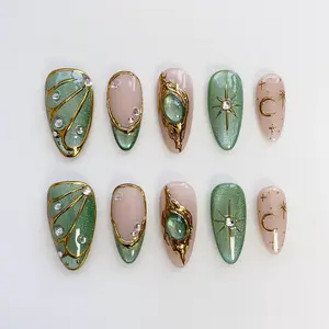 Summer Cat Eye Green Press on nails short almond nails/Glitter Nails/Sparkle Nails/Butterfly Nails/Star Nails/moon nails/3D Gold Chrome nail 5HWLCV