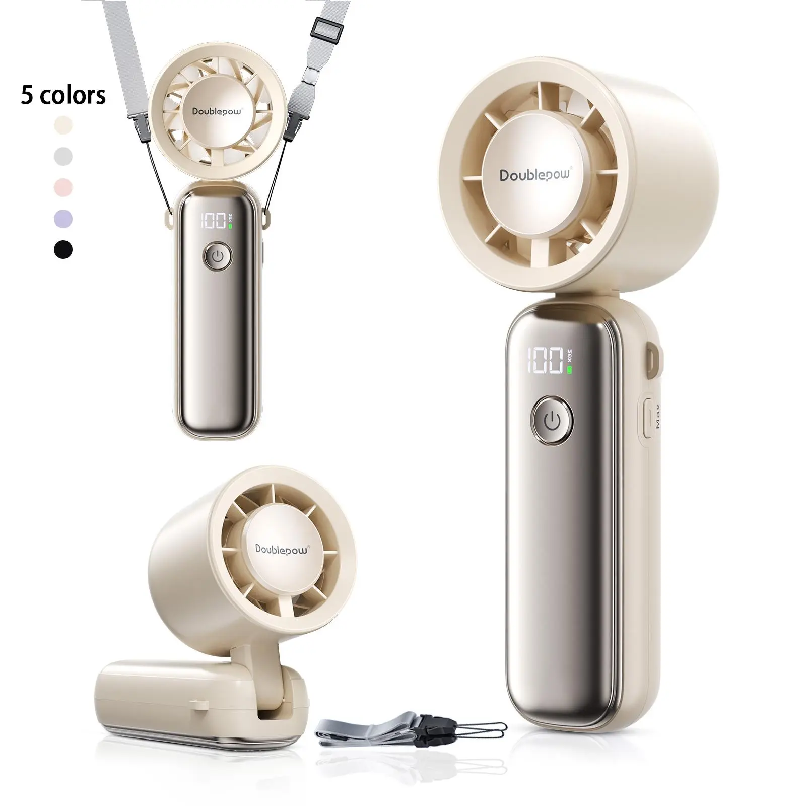 DOUBLEPOW USB-C Rechargeable Portable Handheld Fan, 5-speed Airflow Wind Speed Fan, Foldable & Hanging Neck Fan Suitable for Home, Travel, and School