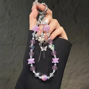 1pc Phone Lanyard, Crystal Butterfly Tassel, Smartphone Chain, Wrist Strap, Elegant Beaded Chain, DIY Anti-Loss Pendant, Luxury Style, Keychain, Phone Charm