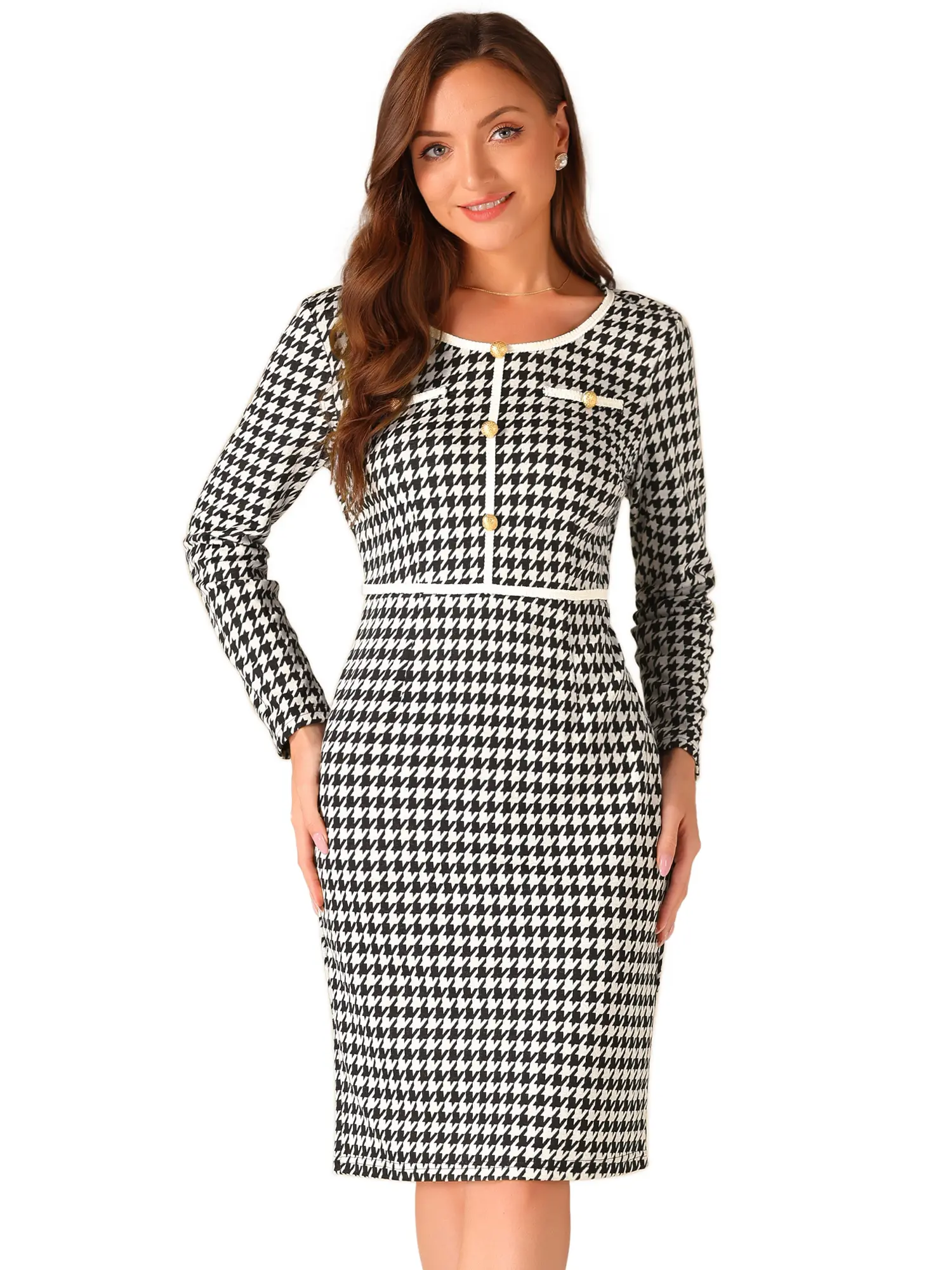 INSPIRE CHIC Women's Office Work Round Neck Long Sleeve Plaid Sheath Houndstooth Dress