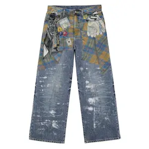 Grunge Plaid Bandana Splatter Printed Denim Jeans with Unique Yellow Blue Flannel Overlay Trompe L'oeil Graphics & DIY Culture