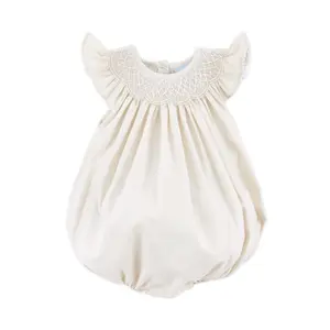 Geo Smocked Tan Gingham Angel Sleeve Bubble