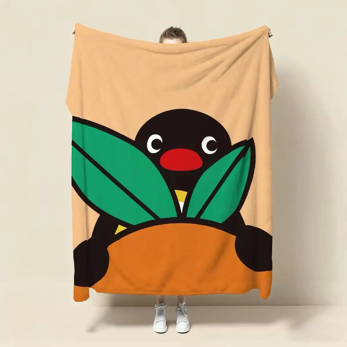 Penguin Print Cotton Flannel Blanket - Wearable Shawl, Modern All-Seasons Thick Warm Cover, Machine-Washable for Office Naps and Bedroom Use