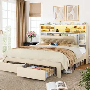 Queen Bed Frame with Headboard and 2 Drawers Storage, Bed Frame Queen Size Built in LED Lights and Charging Station, Sturdy & Noise-Free Upholstered Platform Metal Bed, Beige