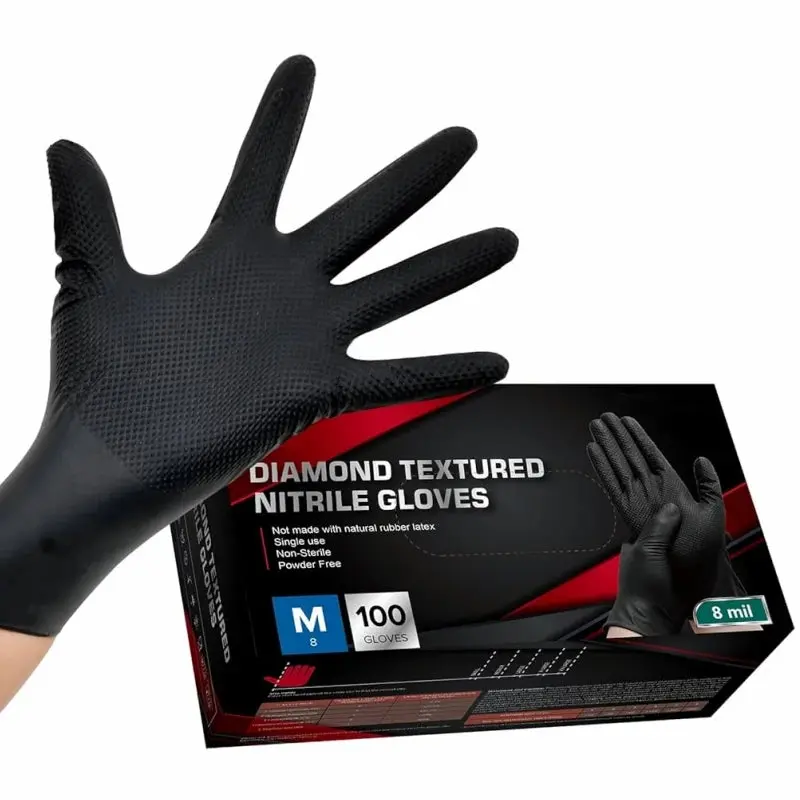 8Mil Heavy Duty Black Industrial Nitrile Gloves Disposable Safety Work Gloves Raised Diamond Textured Grip Mechanic Auto Gloves