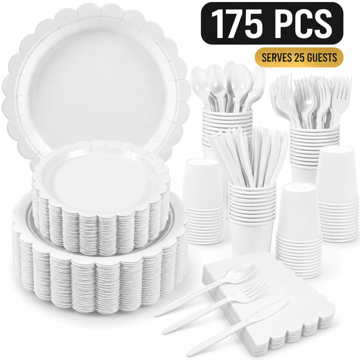 175PCS White Party Tableware Set for 25, Disposable Scalloped Plates Napkins Cups and Cutlery