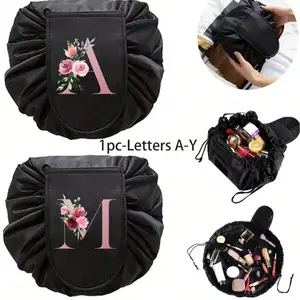 Printed Watercolor Flowers And Pink Letters A-Z Portable Black Drawstring Makeup Bag, Cosmetic Pouch, Travel Organizer For Travel Storage Bag, Bathroom Organizer,Jewelry Organizer，Gifts For Friends And Teachers