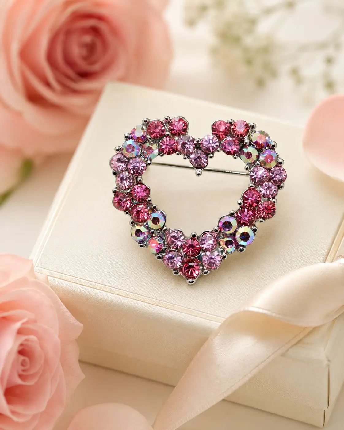 Women's Multi-Color Crystal Open Heart C-Shaped Brooch Pin, Romantic Rhinestone Jewellery, 1.5" Wide 1.25" Long Sweater Accessory, Valentine's Day Gift
