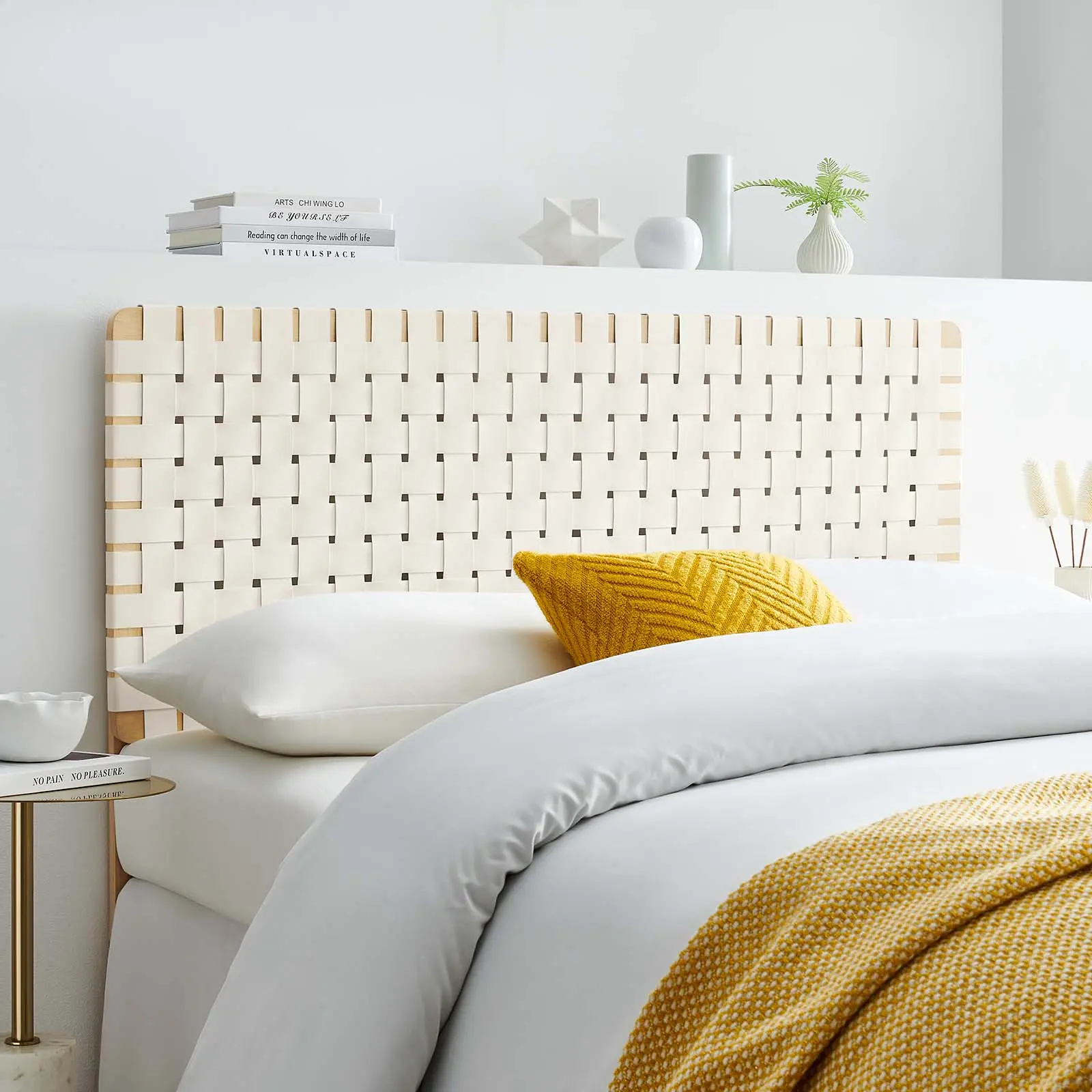 Modway Sparta Full Headboard - Basket Woven Vegan Leather Craft, Natural Beige, Elegance, Bed Elegance, Organic Aesthetics, Tactile Texture, Solid Wood Frame, Adaptable Indoor Furniture Bed Accessory for Headboard Ideas