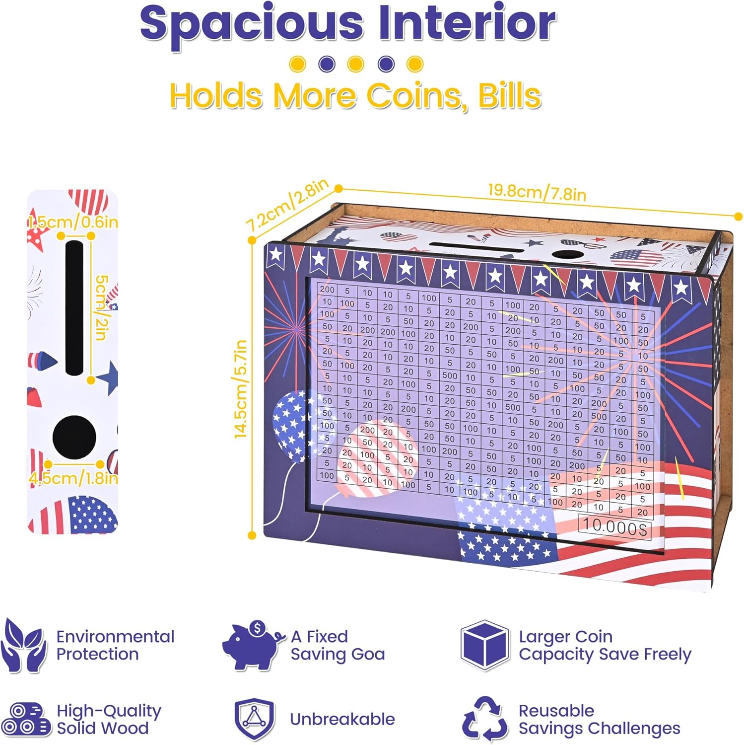 Cash Vault Wooden Savings Box, Piggy Bank for Adults & Kids, Wooden Cash Vault with 7 Stickers, Money Saver Box for 10k Smash Goals, Flag Design 10000 Savings Challenge Box