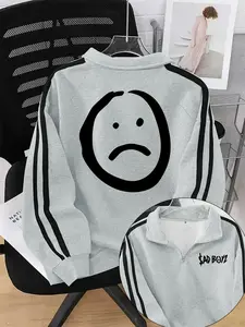 Sad Boy Graphic Print Hoodie, Preppy Style Quarter-Zip Jacket, Long Fitted Sweatshirt for Fall & Winter, Men's Fashion Clothing