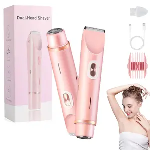 Bikini Trimmer for Women, Electric Shaver and Razor 2-in-1 Multifunctional Body and Facial Hair Removal Double Head for Painless Trimming of Intimate Pubic Face Underarm Legs, USB Cordless Rechargeable Trimmer, IPX7 Waterproof, Pink, High Quality Trimmer