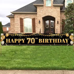 Large Happy 70th Birthday Decoration Banner, Black and Gold Happy 70th Birthday Banner Sign, 70th Birthday Party Decorations Supplies(9.8x1.6ft)
