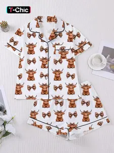 Women's Spring Summer Sleepwear Loungewear Set, Pajama Set, Cow Leopard Print Bowknot Design, Comfortable Shirt Collar Short Sleeve Top & Loose Elastic Shorts
