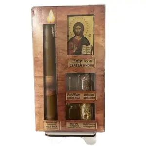 Holy Land Gift Set with Honey Wax Candle Includes Holy Water, Earth, Oil & Incense Authentic Icon Design Decoration