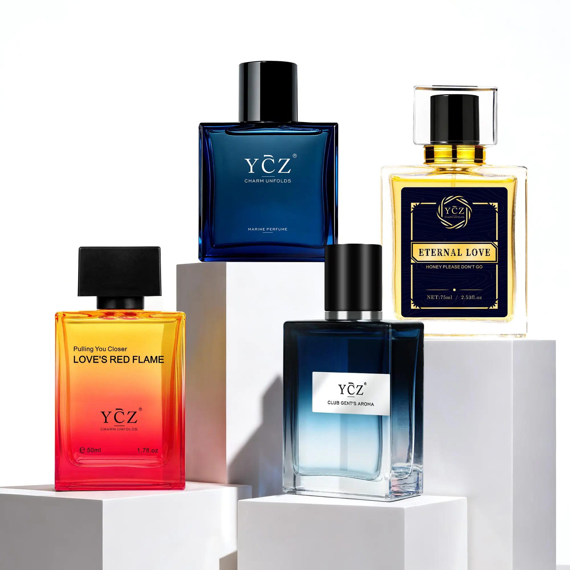[YCZ] Men’s Night & Romance 4-Pre-Filled Cologne Gift Box Set - Midnight Marine,4×1.7fl oz , Club Gentle Aroma, Love's Red Flame, Eternal Love EDP with Marine Fougère, Spicy Woody, Arabian Musk Amber Notes, Long-Lasting for Dates, Parties, Fragrance Set,,