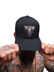 TheDriveClothing Chaos Flexfit Hat – Black Fitted Cap with Custom Stamp Print, Structured Mid Profile Stretch Fit Hat, Mesh Back Performance Streetwear Headwear