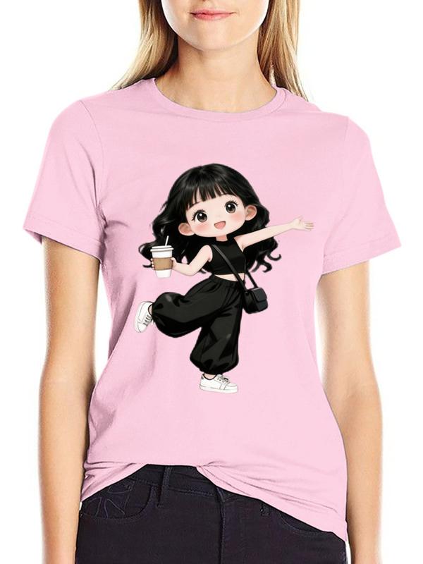 Women's Pure Cotton Crew Neck Short Sleeve Chibi Print Coffee Cup Graphic Tee - Casual Cut, Machine Washable Kawaii Halloween Top #sohochic