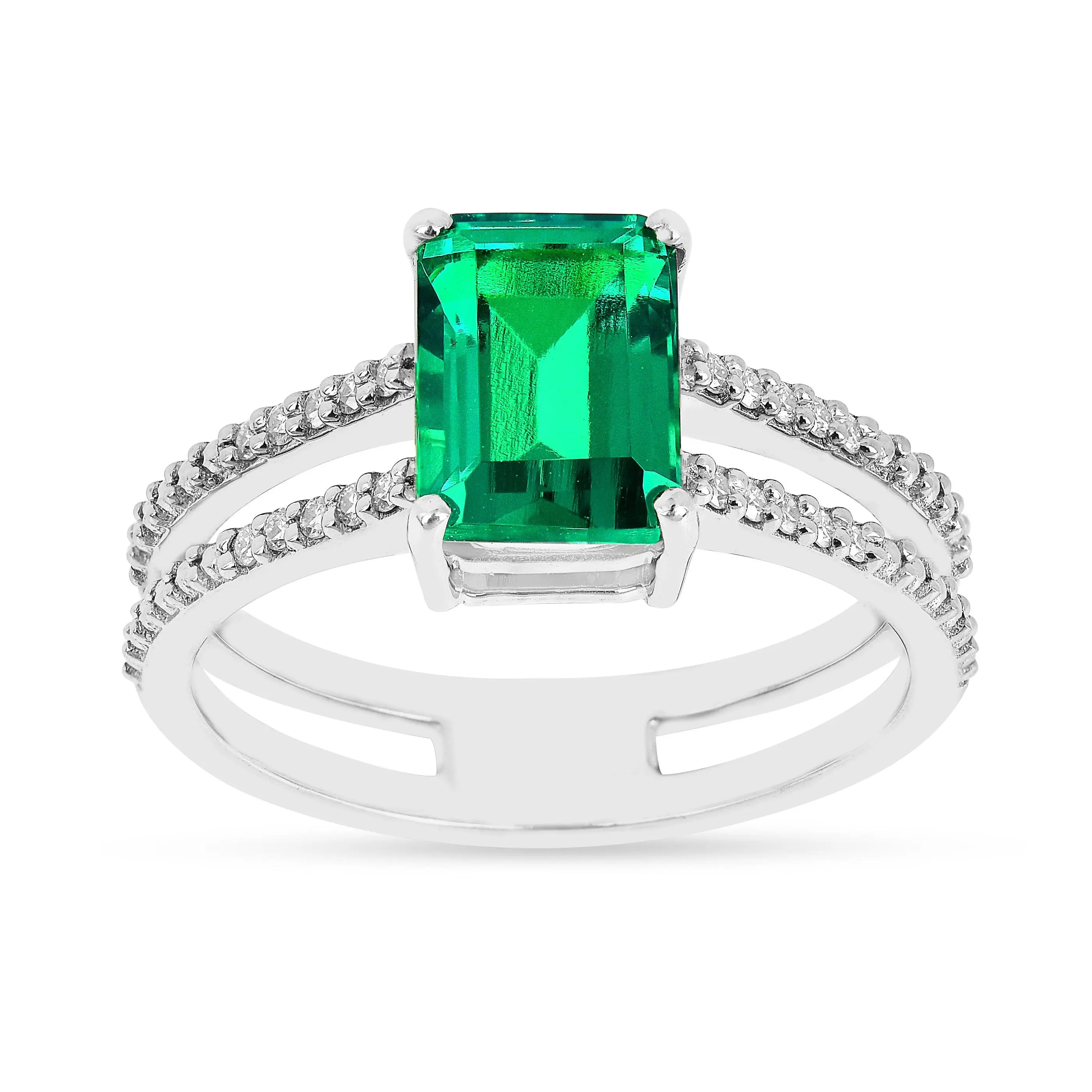 1.92 Ct Octagon Green Colombian Lab Created Emerald and Moissanite Prong Silver Double Band Ring