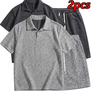 Men’s breathable loose-fit heavyweight silver-thread jacquard two-piece set — premium knit Polo shirt + drawstring shorts, a summer effortless outfit that sets the bar.