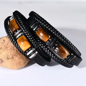 Natural Tiger Eye Stone Bracelet Men Leather Rope Braided Beaded Wristband Handmade Jewelry Gift
