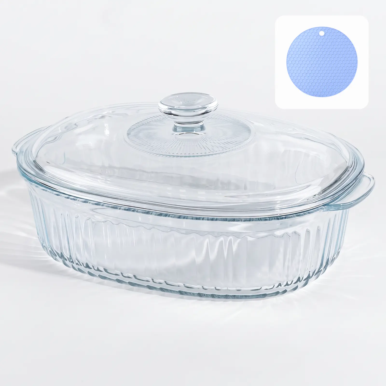 LOVEWE Large Capacity Circular Casserole Dishes - Food-Grade Oven-Safe Glass Bakeware with Glass Lids, Silicone Mat, Durable Non-Toxic Deep Countertop Baking Mold, Versatile for Cooking, Ideal for Family Meals & Holidays, Versatile For Cooking Methods