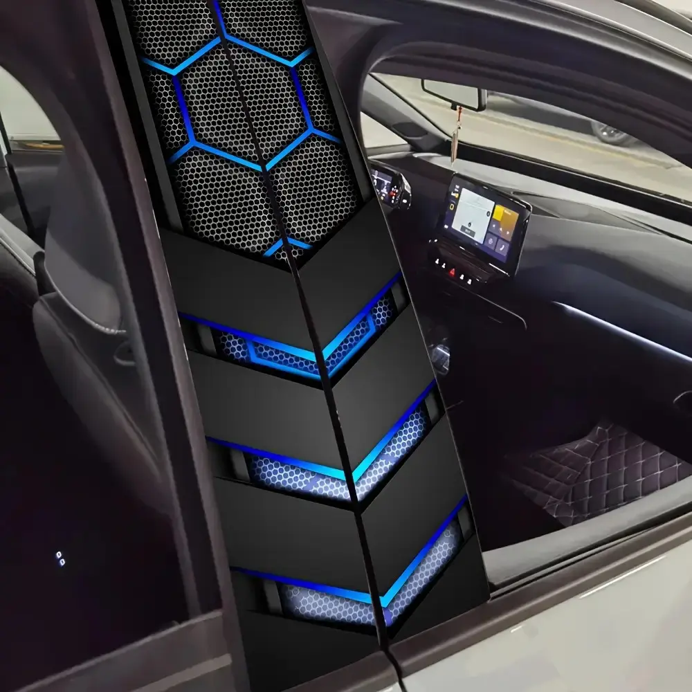 2-Pack AHPAINTING Sports Style Car B-Pillar Stickers - Hexagonal Blue Embellished Vinyl Decals, Scratch-Resistant and Water-Resistant Self-Adhesive No Residue Easy to Install Suitable for Plastic/Metal/Glass Surfaces, Disposable Appearance Accessories,