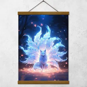 Nine-Tailed White Fox Under Cherry Blossom Rain Poster Canvas Wall Art - High Quality Canvas Print for Home Decor, Animal Lovers & Cafe Decor Artistic Chinese Flowers Pink Design