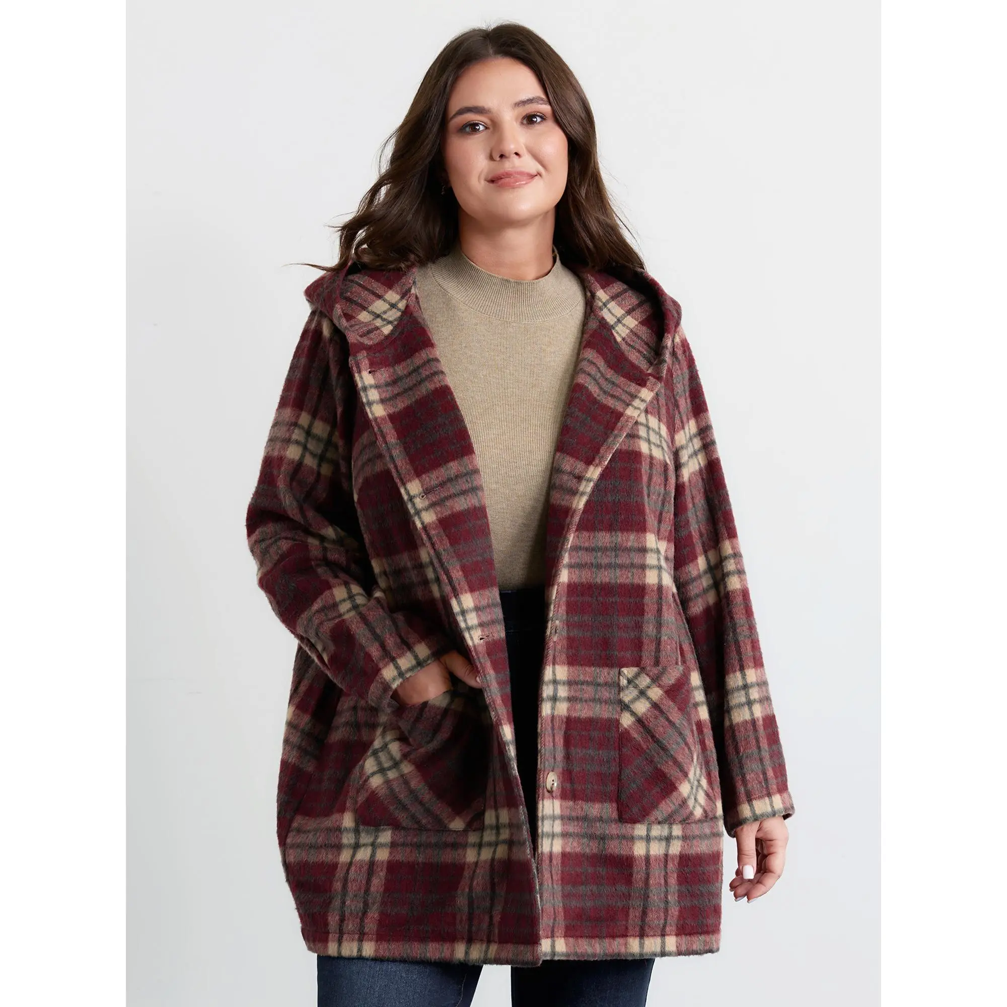 BLOOMCHIC Women's Plus Size Plaid Polyester Fleece Hooded Button Front Jacket - Long Sleeves, Full Sleeve, Loose Fit, Patch Pocket, Smooth Fabric, Casual Outerwear, M-6X, 2026 Summer Vibes, Spotlight Deal, Machine Washable, Do Not Tumble Dry, Tops