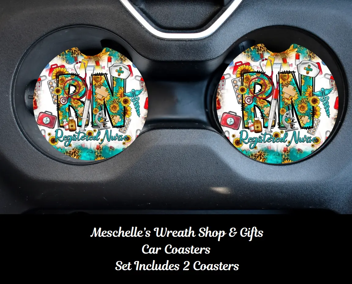 RN Nurse Themed 2-Pieces Car Coasters, Neoprene/Ceramic, Vibrant & Elegant Design, 2.6x0.24in & 2.75in Standard Size Cup Fit, Spill-Proof, Cup Holder Protector, Easy-Install Car Interior Decoration Accessory for Daily Commute