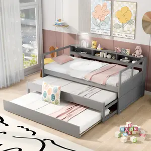 Twin XL Wood Daybed with 2 Twin Size Trundles, 3 Storage Cubbies, 1 Light for Free and USB Charging Design, No Box Spring Needed