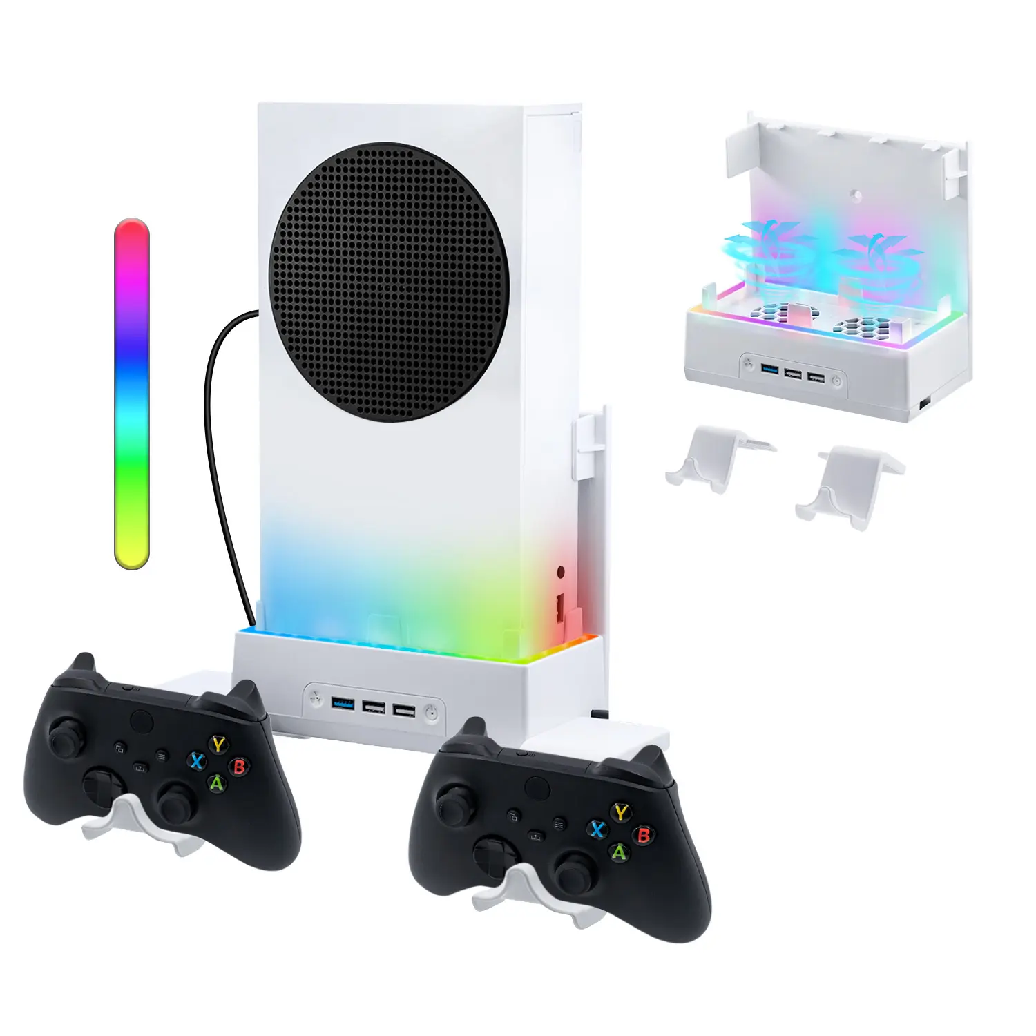 Mcbazel Durable Plastic Wall Mount for Xbox Series S Game Console (10kg Capacity) - Wall Mount Kit with Dual Cooling Fans, RGB Light, 3 Adjustable Speeds, 2 USB 2.0 Ports, 2 Controller Holders, Headset Compatibility, 4 Screws - White