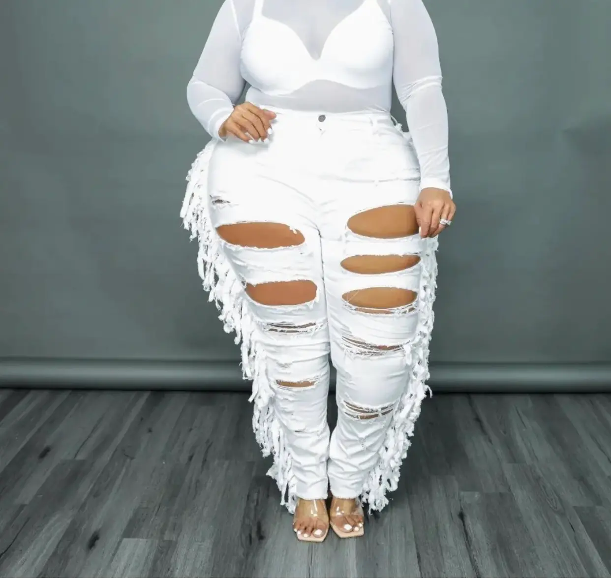 White High Rise Flare Tassel Jeans
