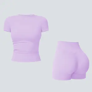 Tenwolf Women's Solid Ribbed Crop T-Shirt & High-Waisted Shorts Set, Quick-Dry for Yoga, Gym, Workouts, Running, Ladies' Sports Apparel for All Seasons, Women's Workout Sets, Women's Workout Clothing, Fitness Clothing, Casual Activewear, Fitness Summer Bo