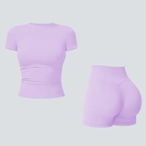 Tenwolf Women's Solid Ribbed Crop T-Shirt & High-Waisted Shorts Set, Quick-Dry for Yoga, Gym, Workouts, Running, Ladies' Sports Apparel for All Seasons, Women's Workout Sets, Women's Workout Clothing, Fitness Clothing, Casual Activewear, Fitness Summer Bo