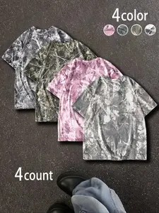 4-Piece Camouflage Print Short Sleeve Loose-Fit T-Shirts, Comfortable Soft Street Style Streetwear Women's Tops for Summer, Casual Knitted Fabric, Perfect for Daily Wear