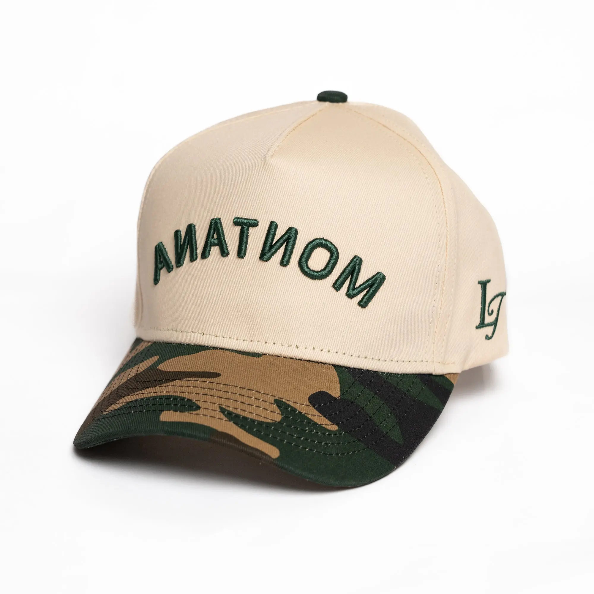Montana Original Camo Ivory Snapback Hat Full Camo Bill Slightly Pre Curved 5 Panel Structure Adjustable