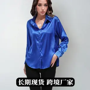 Satin Shirt for Women, Silk-like Long Sleeve Solid Color Elegant Button Front Lapel Blouse