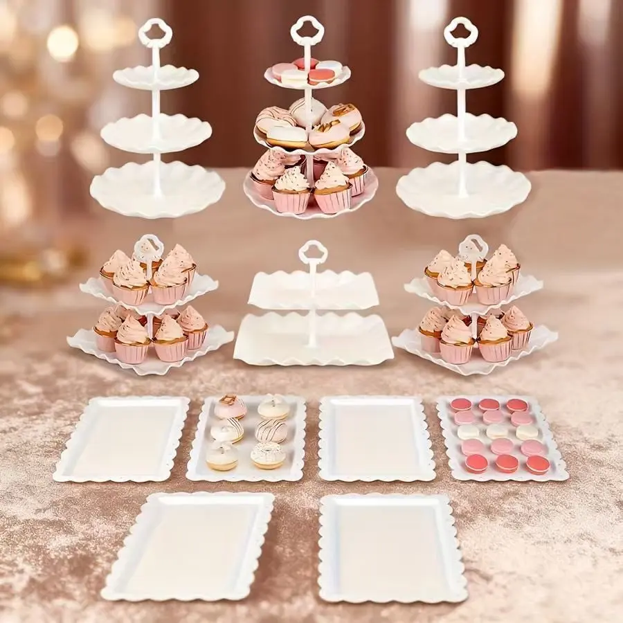 sebastian CADIA, Pack of 12 Cake Stand Set with 3 x Two-Tier and 3 x Three-Tier Cupcake Stands, 6 x Appetizer Trays, for Birthday Baby Bridal Shower Party (White/Pink/Black/Gold)