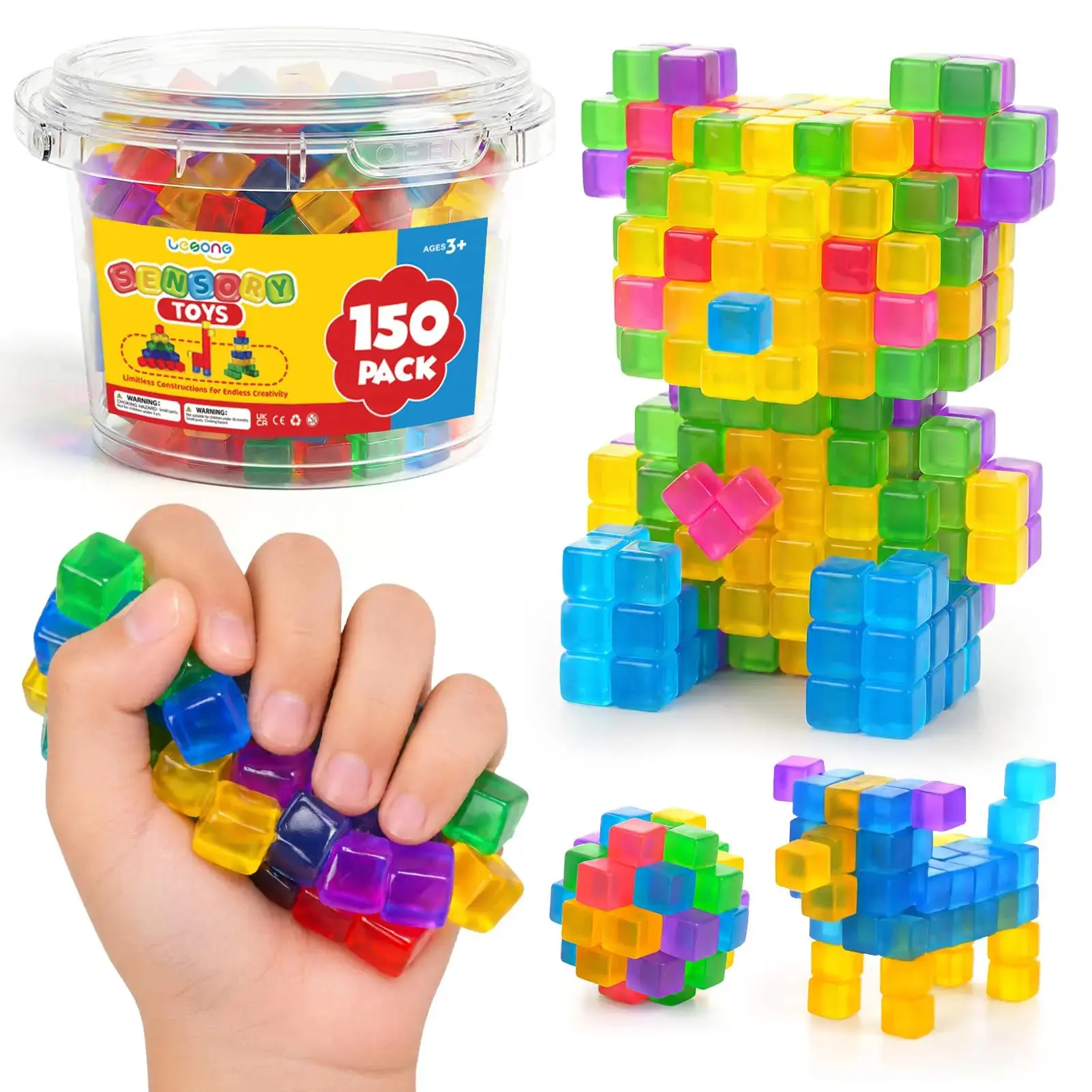 Mini Sticky Stacking Cubes, 150 PCS Washable Sensory Building Set, Soft Squishy 0.39 inch Cubes with Storage Box, Balanced Stickiness for 2D & 3D Building
