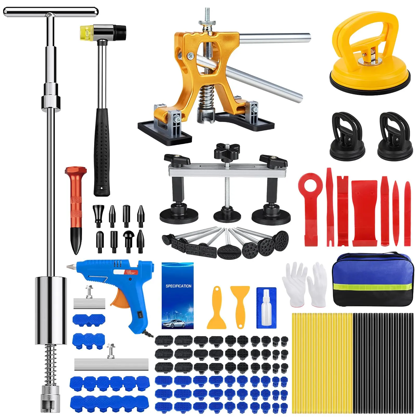 Car Dent Puller Kit  135pcs Paintless Removal Repair With Golden Lifter Bridge Slide Hammer 2 In 1 T-bar For Refrigerator Door Ding