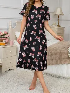 Fashion Shiny Butterfly Print Frill Women's Nightgown Nightwear Loungewear, Elegant Soft Floral Woven Fabric, Comfortable Loose Fit Sleep Dress for All Seasons
