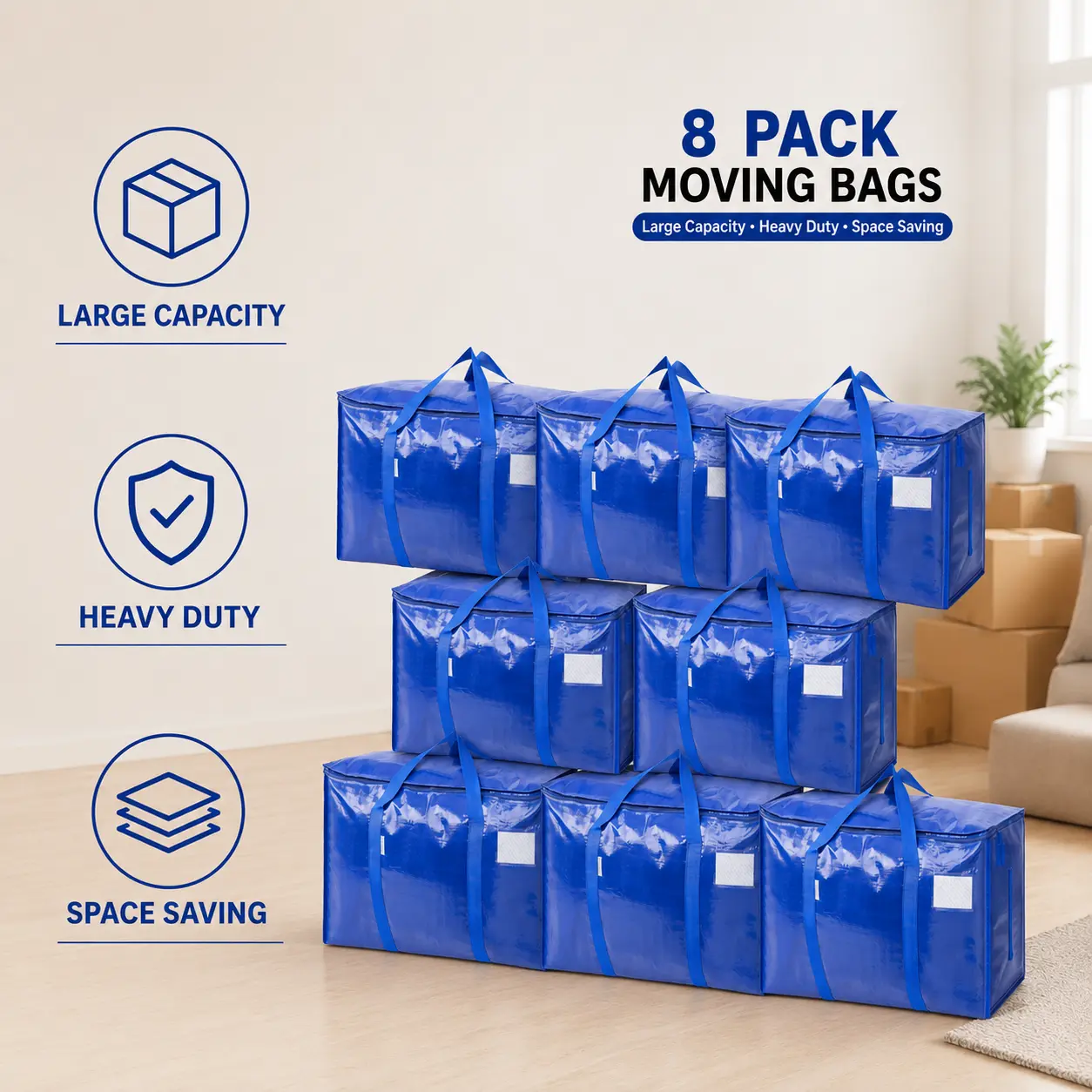8 Pack Extra Large Water-Proof Moving & Storage Bags - Strong Zipper Top, Wrap-Around Handles, Reusable, Foldable Totes for Clothes, Comforters - Ideal for Dorm Students, Space-Saving Home Organization
