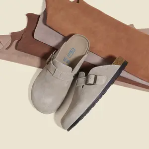 Women Suede Slip On Mule Clogs, Adjustable Buckle Cork Footbed Comfort Casual Slide Sandals, Non-Slip Outdoor Indoor House Shoes