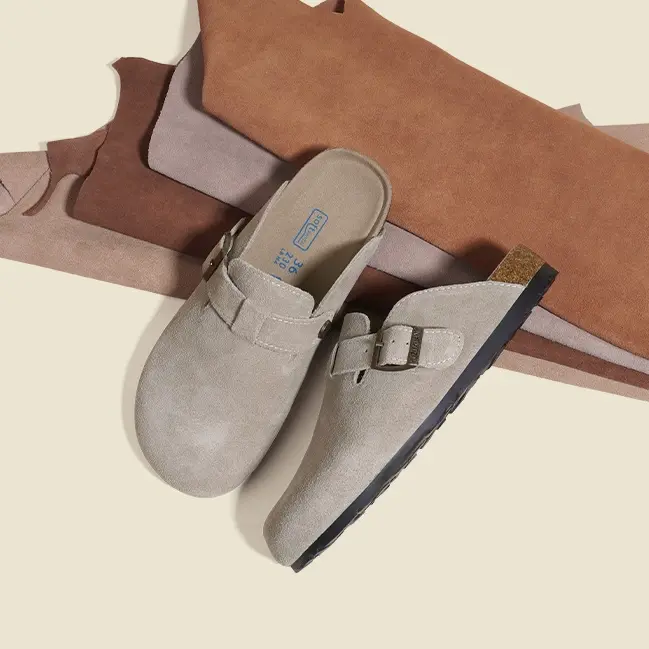 Women Suede Slip On Mule Clogs, Adjustable Buckle Cork Footbed Comfort Casual Slide Sandals, Non-Slip Outdoor Indoor House Shoes Beige Soft