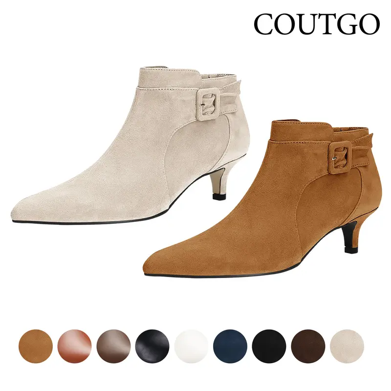 Coutgo Women's Pointed Toe Faux Suede Kitten Heel Ankle Boots - Side Zipper Leather-Accent Footwear with Rubber Sole Dress Shoes