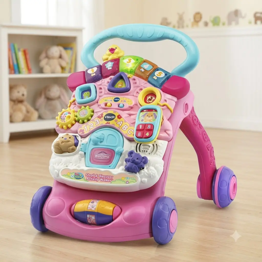 VTech Stroll & Discover Activity Walker, 2-in-1 Sit-to-Stand Learning Walker with 11+ Activities, Light-Up Piano Keys & Shape Sorter, Pink