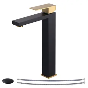 WOWOW Vessel Sink Faucet Black and Gold, Single Handle Tall Bathroom Faucet, Single Hole Lavatory Vanity Mixer Tap with Pop Up Drain and Faucet Supply Lines